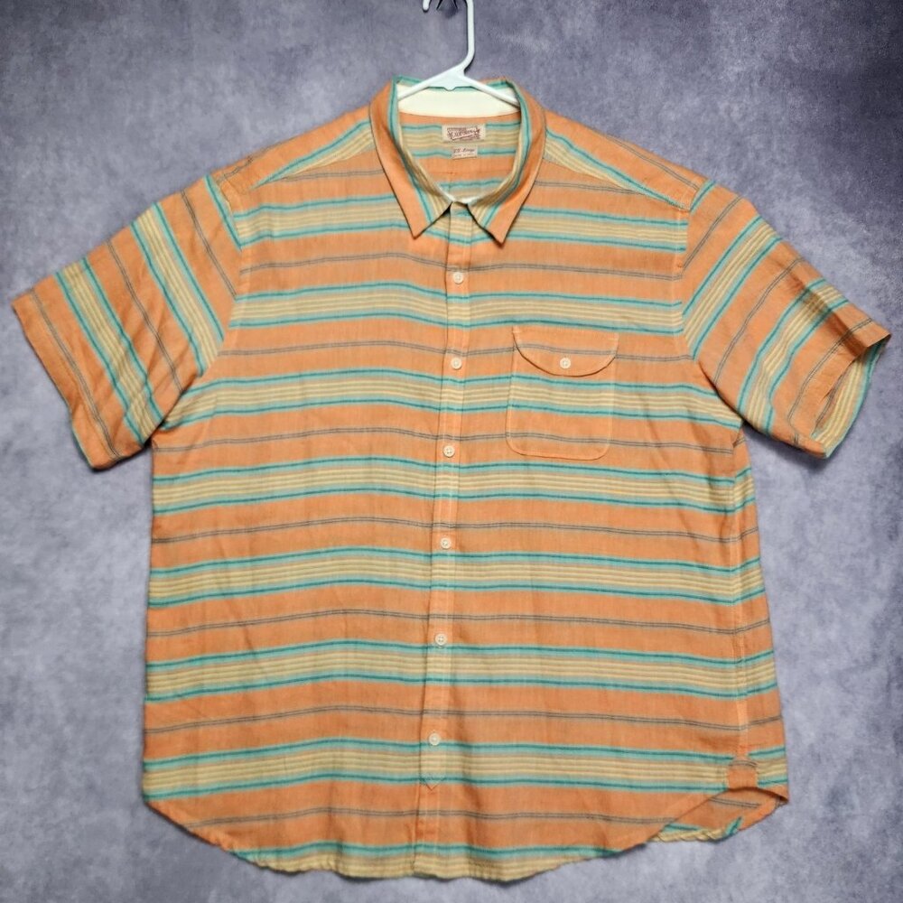 Lucky Brand Shirt Mens 2XL Striped Button Up Short Sleeve Pocket Orange